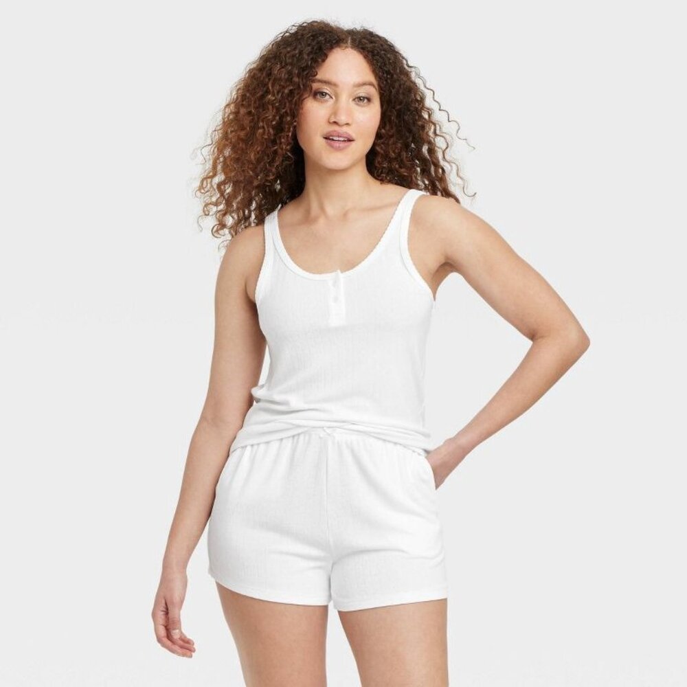 Women's Pointelle Henley Tank Top and Shorts Pajama Set - Auden White PLUS SIZE